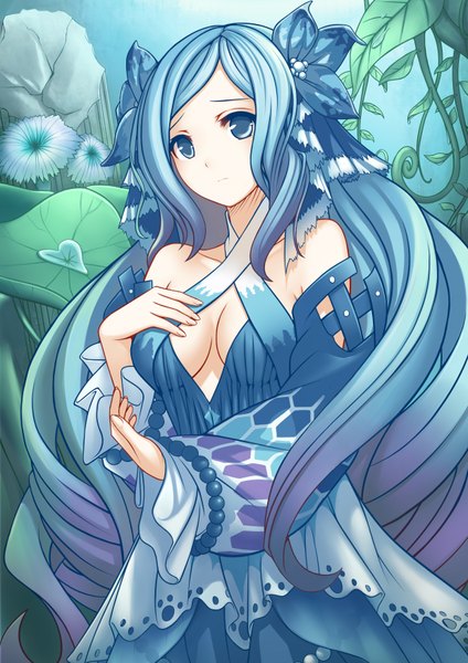 Anime picture 2480x3507 with tartaros online rhy1356 single tall image highres breasts blue eyes light erotic blue hair purple hair very long hair multicolored hair gradient hair girl dress hair ornament plant (plants) leaf (leaves)