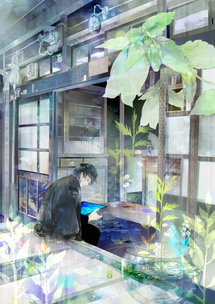 Anime picture 1413x2000 with original saiga tokihito single tall image black hair sitting eyes closed japanese clothes from behind boy plant (plants) clock lamp hourglass