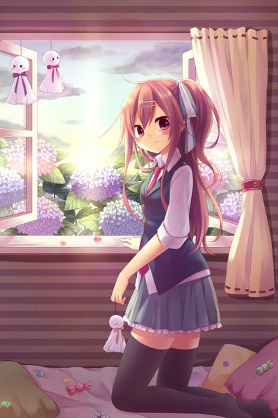 Anime picture 1000x1500 with original amane kurumi single long hair tall image looking at viewer blush brown hair purple eyes sky cloud (clouds) kneeling side ponytail summer girl thighhighs uniform hair ornament flower (flowers) ribbon (ribbons)