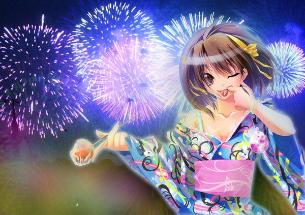 Anime picture 2720x1920 with suzumiya haruhi no yuutsu kyoto animation suzumiya haruhi kyougoku touya single highres short hair brown hair brown eyes japanese clothes one eye closed wink :p fireworks girl food hairband kimono obi candy apple