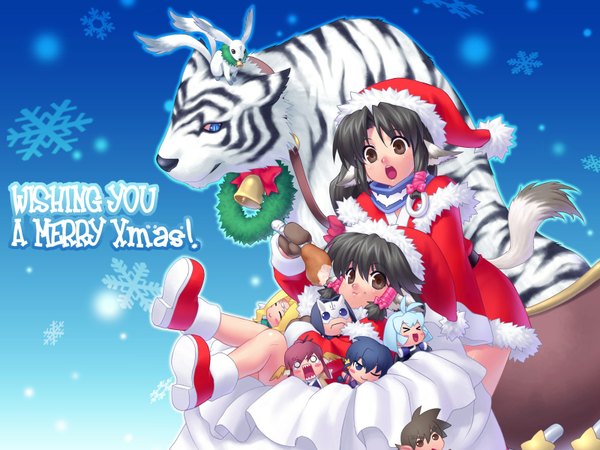 Anime picture 1600x1200 with utawareru mono eruruw zen (kamuro) highres animal ears fur trim christmas dog ears fur snowflake (snowflakes) santa claus costume mukuru