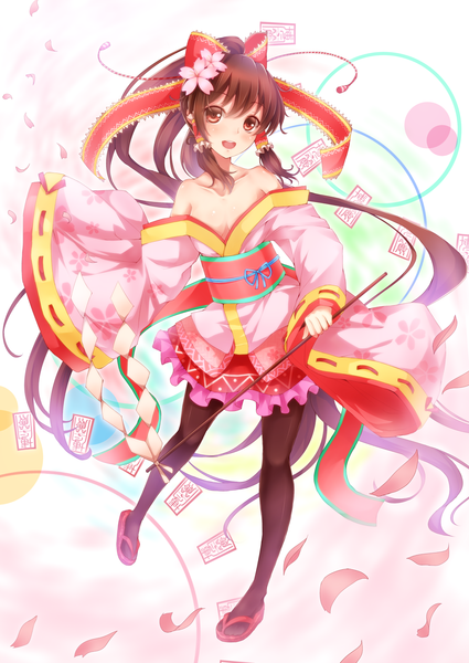 Anime picture 1500x2118 with touhou hakurei reimu dabadhi single long hair tall image looking at viewer blush open mouth red eyes brown hair bare shoulders hair flower alternate costume girl hair ornament ribbon (ribbons) hair ribbon petals sandals