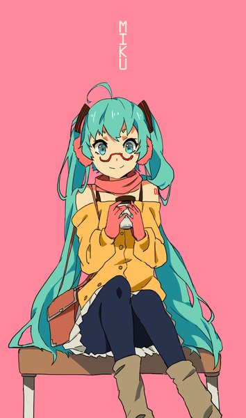 Anime picture 2480x4200 with vocaloid hatsune miku zhuxiao517 single long hair tall image looking at viewer highres simple background smile sitting twintails bare shoulders ahoge aqua eyes aqua hair character names pink background bespectacled girl