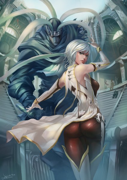 Anime picture 1061x1500 with original johnson zhuang tall image short hair blue eyes light erotic ass white hair looking back architecture girl gloves elbow gloves white gloves suit