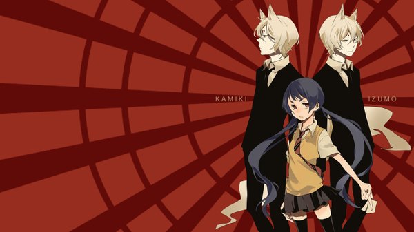 Anime picture 1366x768 with ao no exorcist a-1 pictures kamiki izumo long hair short hair blonde hair red eyes wide image twintails brown eyes yellow eyes blue hair grey hair inscription multiple boys tattoo fox ears fox tail smoke striped