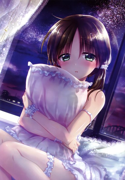 Anime picture 2356x3405 with original mikami mika single long hair tall image looking at viewer blush fringe highres hair between eyes brown hair sitting twintails green eyes payot ahoge bent knee (knees) indoors parted lips head tilt