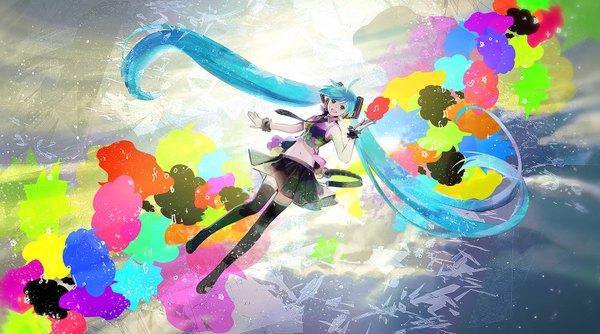 Anime picture 1700x948 with vocaloid hatsune miku chris (pixiv) single looking at viewer open mouth wide image purple eyes twintails ahoge very long hair pleated skirt aqua hair midriff zettai ryouiki sleeveless happy waving girl skirt