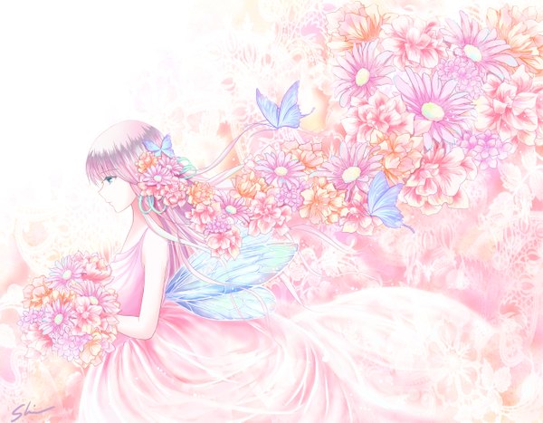 Anime picture 1381x1075 with original shino (shinderera) single long hair fringe simple background standing holding signed pink hair profile hair flower aqua eyes wind looking down floral background insect wings butterfly wings girl dress
