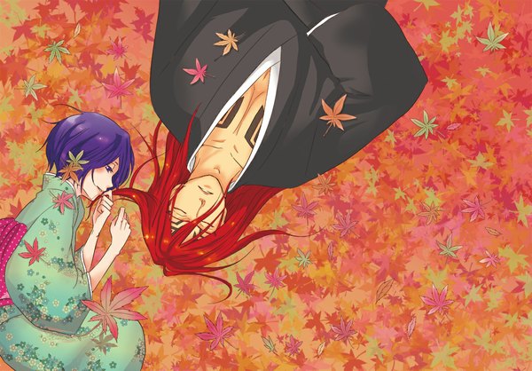 Anime picture 1148x800 with bleach studio pierrot pixiv kuchiki rukia abarai renji long hair blush short hair open mouth black hair smile purple hair red hair eyes closed traditional clothes japanese clothes hair flower couple sleeping girl