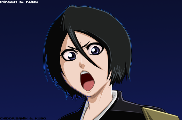 Anime picture 3967x2621 with bleach studio pierrot kuchiki rukia gold-mk single highres short hair open mouth black hair simple background purple eyes absurdres japanese clothes coloring portrait blue background face girl kimono
