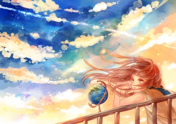 Anime picture 1280x905 with original lululu luuuuuun single long hair fringe brown hair brown eyes looking away sky cloud (clouds) wind sunlight girl uniform school uniform planet earth globe