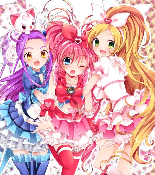 Anime picture 1500x1699 with precure suite precure toei animation houjou hibiki minamino kanade seiren (suite precure) cure melody cure rhythm hummy (suite precure) cure beat uzuki aki long hair tall image open mouth blue eyes blonde hair multiple girls green eyes yellow eyes pink hair
