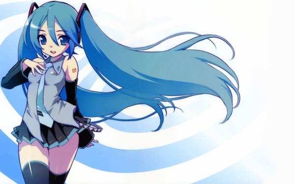 Anime picture 1920x1200 with vocaloid hatsune miku menkuria single looking at viewer fringe highres light erotic hair between eyes wide image white background twintails very long hair pleated skirt aqua eyes aqua hair wallpaper zettai ryouiki hand on chest girl