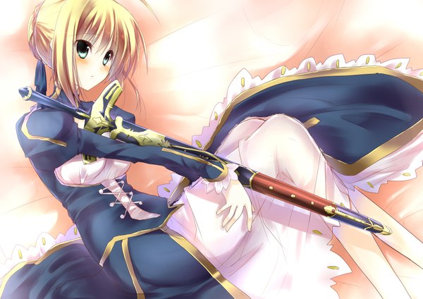 Anime picture 3541x2507 with fate (series) fate/stay night studio deen type-moon artoria pendragon (all) saber amane ruri single blush fringe highres blonde hair green eyes absurdres lying sunlight girl dress bow ribbon (ribbons)