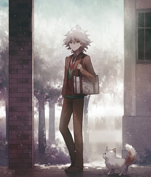 Anime picture 810x947 with dangan ronpa super dangan ronpa 2 komaeda nagito angel31424 single tall image looking at viewer fringe short hair standing signed full body bent knee (knees) outdoors white hair parted lips sunlight :o shadow grey eyes