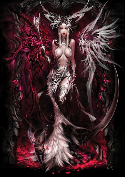 Anime picture 748x1056 with kidkidkidkid single long hair tall image light erotic red eyes cleavage white hair light smile lips realistic lipstick girl animal petals wings cat staff