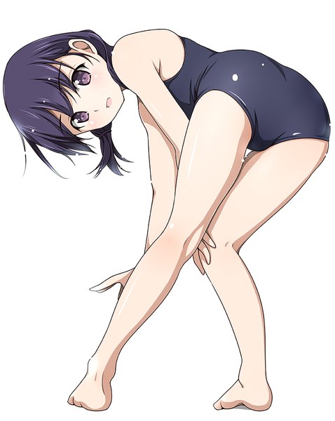 Anime picture 800x1004 with original matsunaga kouyou single tall image looking at viewer short hair open mouth light erotic black hair simple background white background purple eyes bare legs girl swimsuit one-piece swimsuit school swimsuit