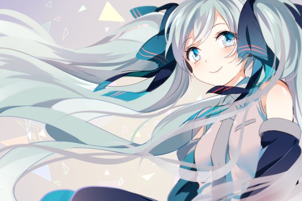 Anime picture 900x600 with vocaloid hatsune miku mery (yangmalgage) single blush smile twintails bare shoulders looking away very long hair aqua eyes wind aqua hair girl ribbon (ribbons) hair ribbon detached sleeves