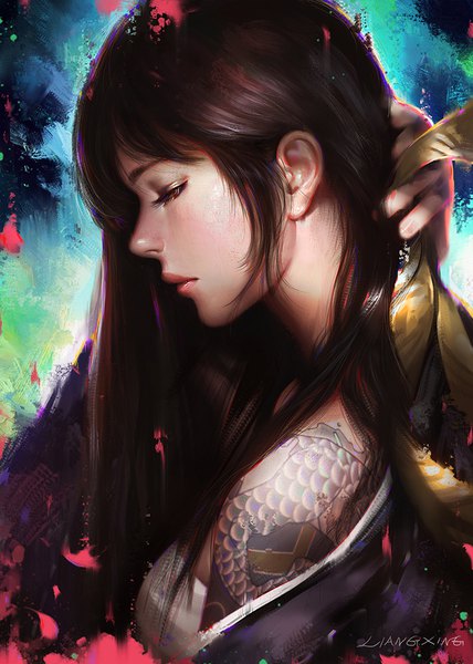 Anime picture 714x1000 with overwatch blizzard entertainment hanzo (overwatch) liang xing single long hair tall image fringe brown hair brown eyes signed payot upper body profile lips hair over one eye realistic tattoo lipstick adjusting hair