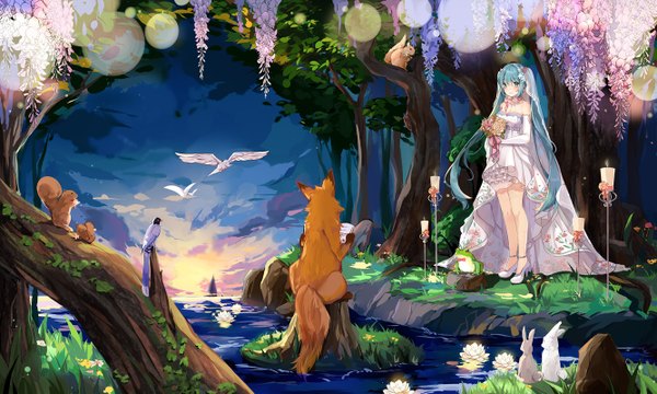 Anime picture 1333x800 with vocaloid hatsune miku hnanati single long hair blush smile wide image standing twintails bare shoulders looking away sky cloud (clouds) full body aqua eyes aqua hair bare legs wedding girl