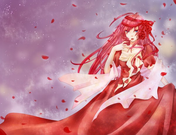 Anime picture 1600x1230 with vocaloid megurine luka mikazuki sara single blue eyes pink hair ahoge hair flower girl dress hair ornament petals red dress