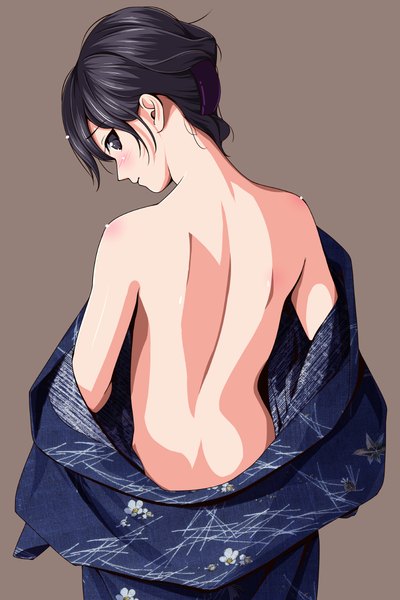 Anime picture 800x1200 with original matsunaga kouyou single tall image blush light erotic black hair simple background bare shoulders traditional clothes head tilt japanese clothes looking back black eyes grey background back bare back girl kimono open kimono