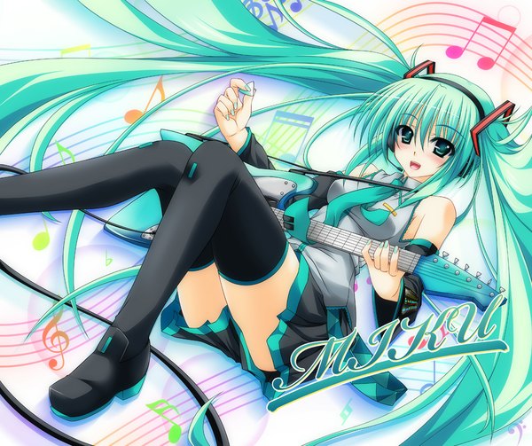 Anime picture 1000x839 with vocaloid hatsune miku single long hair blush open mouth smile twintails aqua eyes aqua hair zettai ryouiki girl thighhighs skirt detached sleeves necktie guitar musical note plectrum