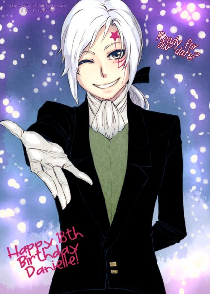 Anime picture 1000x1402 with d.gray-man allen walker rusky single tall image looking at viewer short hair smile white hair one eye closed wink facial mark silver eyes happy birthday boy gloves suit