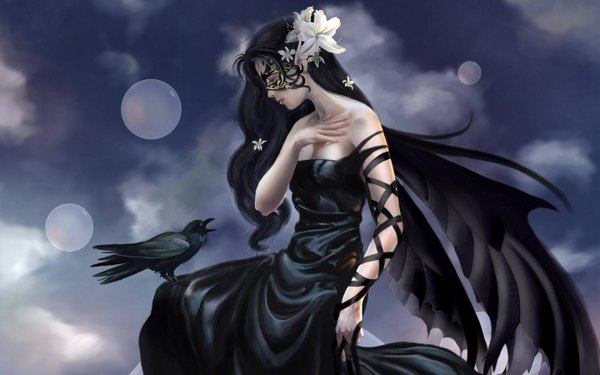 Anime picture 2880x1800 with original single long hair highres black hair wide image bare shoulders sky cloud (clouds) profile hair flower black wings insect wings butterfly wings girl dress hair ornament flower (flowers) ribbon (ribbons) animal