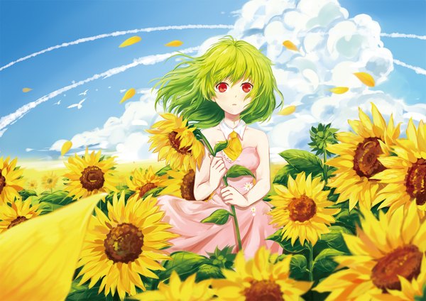 Anime picture 2000x1414 with touhou kazami yuuka samizuban single looking at viewer highres short hair red eyes cloud (clouds) green hair girl dress petals sundress sunflower