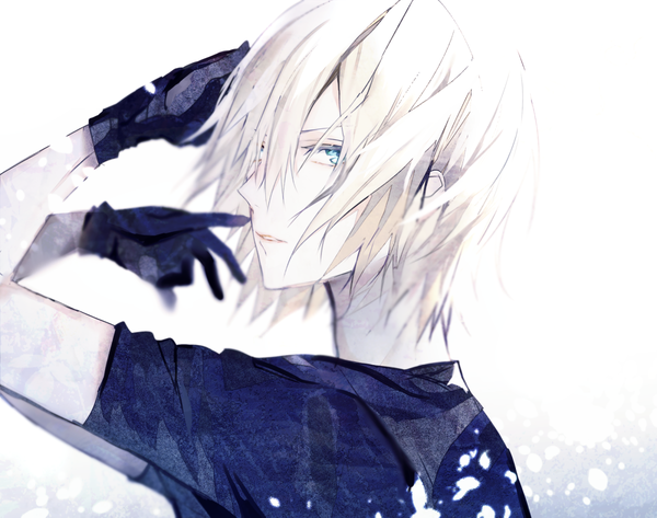 Anime picture 1200x947 with yuri!!! on ice mappa yuri plisetsky poni (rito) single looking at viewer fringe short hair blue eyes simple background blonde hair hair between eyes white background arms up boy gloves black gloves