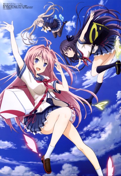 Anime picture 4085x5945 with ao no kanata no four rhythm megami magazine sprite (company) arisaka mashiro tobisawa misaki kurashina asuka long hair tall image blush highres blue eyes black hair brown hair purple eyes twintails multiple girls pink hair absurdres sky cloud (clouds)