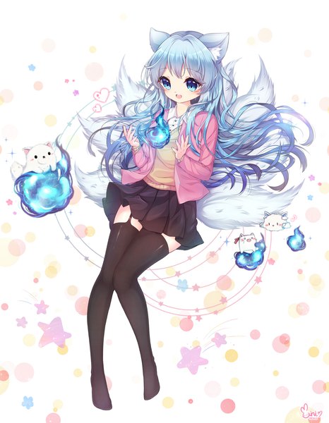 Anime picture 2100x2700 with original mini long hair tall image blush highres open mouth blue eyes signed animal ears blue hair full body tail animal tail pleated skirt no shoes zettai ryouiki fox ears floating hair magic