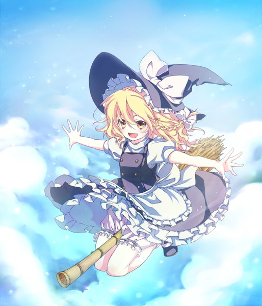 Anime picture 1200x1400 with touhou kirisame marisa tagme (artist) tall image blonde hair smile yellow eyes sky braid (braids) witch girl skirt ribbon (ribbons) witch hat skirt set broom