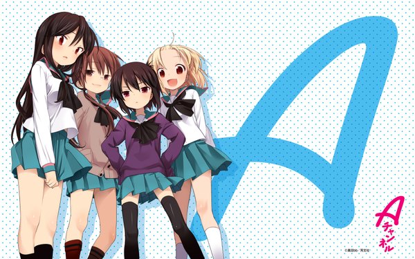 Anime picture 1920x1200 with a channel ichii tooru nishi yuuko momoki run tennouji nagisa kuroda bb long hair highres short hair black hair blonde hair red eyes brown hair wide image multiple girls brown eyes loli hands on hips girl serafuku