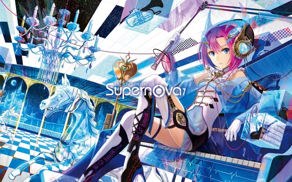 Anime picture 1680x1050 with exit tunes fuzichoco single looking at viewer fringe short hair blue eyes wide image sitting pink hair checkered floor checkered girl gloves navel hair ornament headphones chain jewelry bodysuit