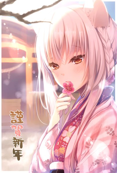 Anime picture 633x936 with original cocoa (cafe-hotcocoa) single long hair tall image looking at viewer blush fringe open mouth holding animal ears payot upper body outdoors white hair braid (braids) long sleeves traditional clothes japanese clothes light smile