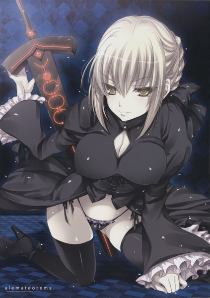 Anime picture 2024x2873 with fate (series) fate/stay night fate/unlimited codes studio deen type-moon artoria pendragon (all) saber alter single tall image fringe highres breasts light erotic blonde hair large breasts holding cleavage light smile no bra girl