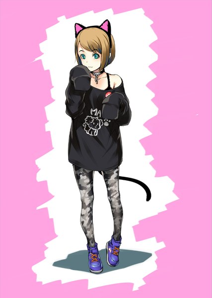 Anime picture 739x1039 with phantasy star phantasy star online 2 sega sody (artist) single tall image looking at viewer blush short hair brown hair standing bare shoulders green eyes animal ears full body tail animal tail light smile cat ears cat girl