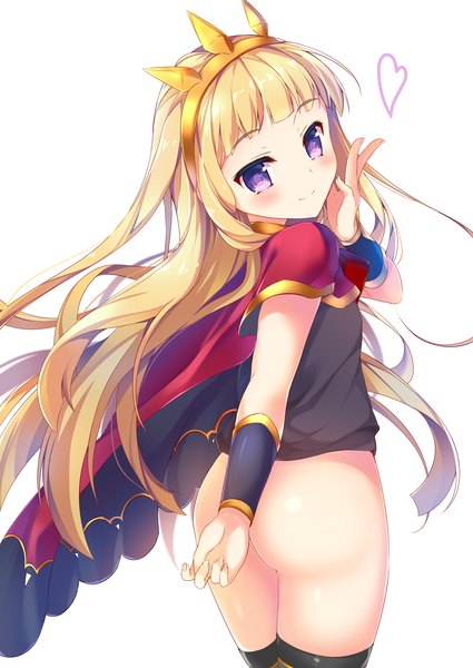 Anime picture 2149x3035 with granblue fantasy cagliostro (granblue fantasy) kaniya shiku single long hair tall image looking at viewer blush highres light erotic simple background blonde hair smile white background purple eyes ass girl crown