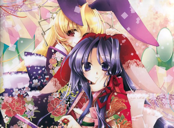 Anime picture 4620x3411 with fortune arterial august soft kuze kiriha sendou kaya long hair looking at viewer highres black hair blonde hair red eyes purple eyes multiple girls absurdres traditional clothes japanese clothes light smile scan girl bow 2 girls