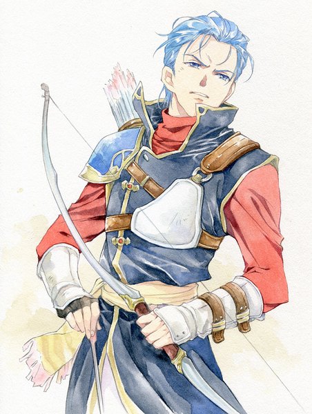 Anime picture 700x929 with fire emblem fire emblem: genealogy of the holy war lester (fire emblem) agahari single tall image short hair blue eyes simple background white background blue hair looking away traditional media watercolor (medium) boy gloves weapon armor fingerless gloves bow (weapon)