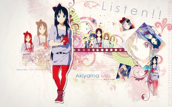 Anime picture 1280x800 with k-on! kyoto animation akiyama mio kakifly long hair looking at viewer black hair wide image signed inscription wallpaper multiple persona girl bow hair bow shoes sweater photo (object)