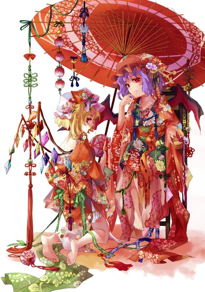 Anime picture 1181x1677 with touhou flandre scarlet remilia scarlet meutan131 tall image looking at viewer short hair blonde hair red eyes white background multiple girls purple hair traditional clothes japanese clothes profile barefoot kneeling girl 2 girls wings