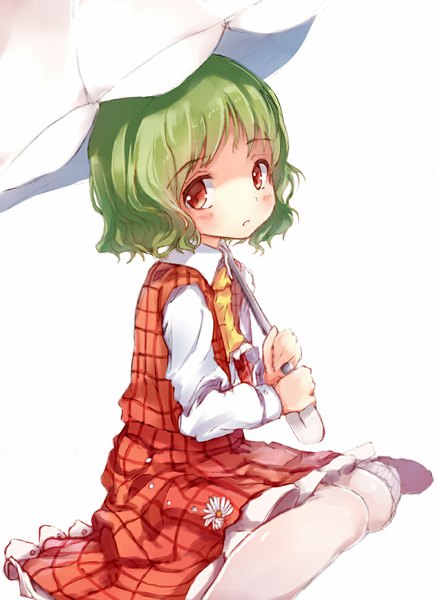 Anime picture 780x1069 with touhou kazami yuuka flan (harry mackenzie) single tall image blush fringe short hair simple background red eyes white background sitting looking away green hair wariza girl skirt flower (flowers) pantyhose umbrella