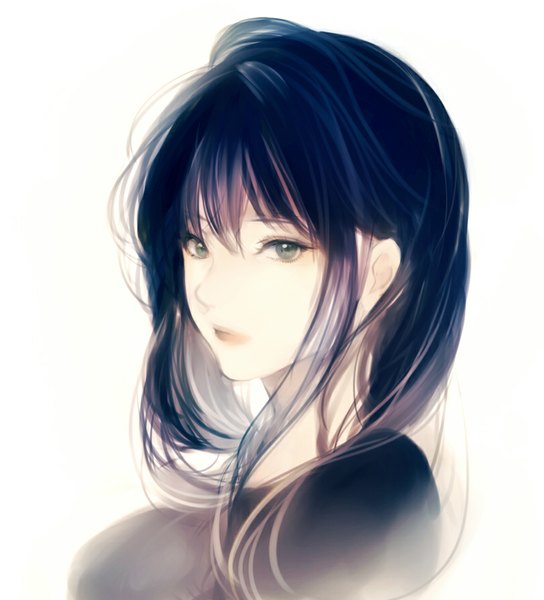 Anime picture 808x891 with original lpip single tall image looking at viewer fringe black hair simple background white background green eyes payot blue hair purple hair multicolored hair lips lipstick portrait gradient hair eyeshadow makeup