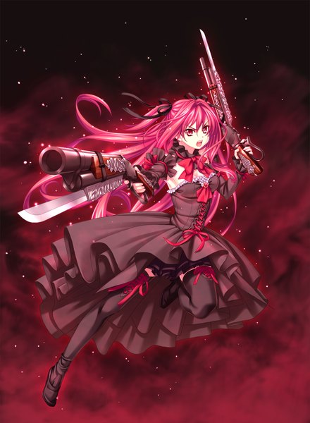 Anime picture 1024x1396 with sousouki reginald corticarte reichstein long hair tall image open mouth red eyes game cg red hair girl thighhighs dress ribbon (ribbons) weapon black thighhighs hair ribbon gun