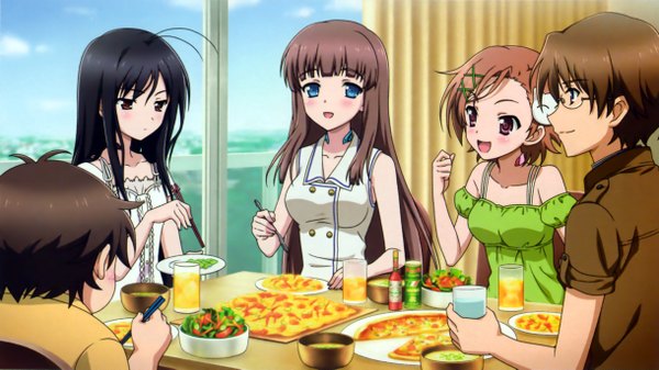 Anime picture 2440x1374 with accel world sunrise (studio) kuroyukihime arita haruyuki kurashima chiyuri kurasaki fuuko mayuzumi takumu long hair blush fringe highres short hair breasts blue eyes black hair brown hair wide image bare shoulders multiple girls brown eyes