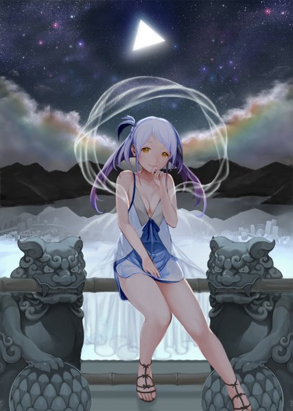 Anime picture 855x1200 with original thinnesta single long hair tall image looking at viewer sitting twintails yellow eyes cloud (clouds) white hair light smile night night sky city mountain hand to mouth girl dress railing