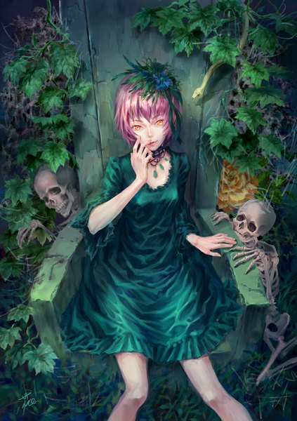 Anime picture 768x1090 with original phideas single tall image looking at viewer fringe short hair breasts pink hair bent knee (knees) hair flower from above lips wide sleeves short sleeves orange eyes finger to mouth skeleton girl dress